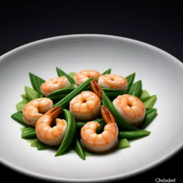 A plate of delicious stir-fried shrimp with garlic sauce, garnished with spring onions and sesame seeds
