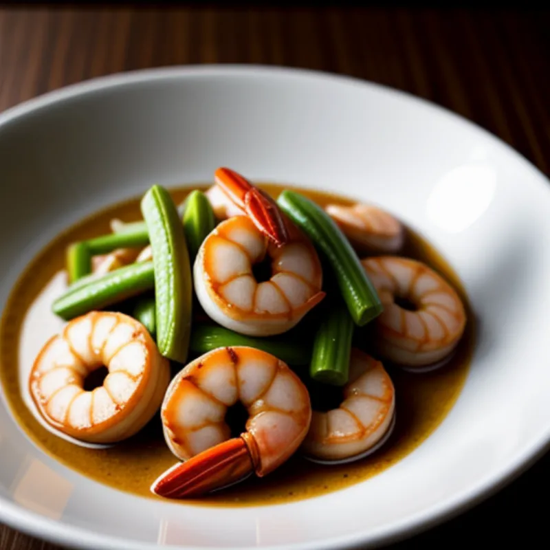 Close-up shot of stir-fried shrimp with garlic sauce, showcasing the texture of the shrimp and the glistening sauce.