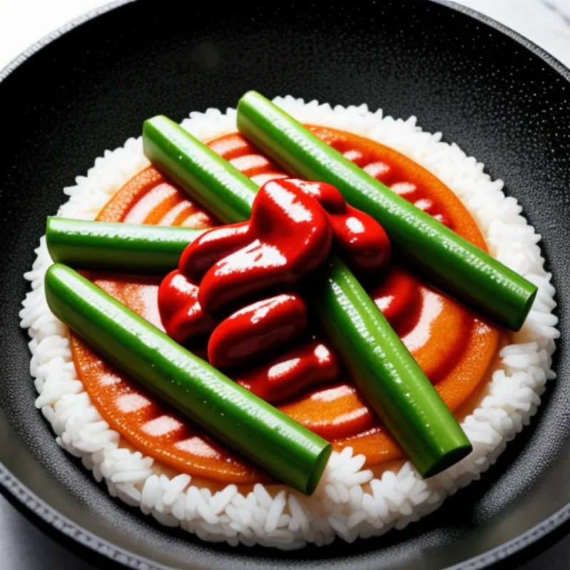 Close-up shot of stir-frying rice cakes with vegetables in a wok