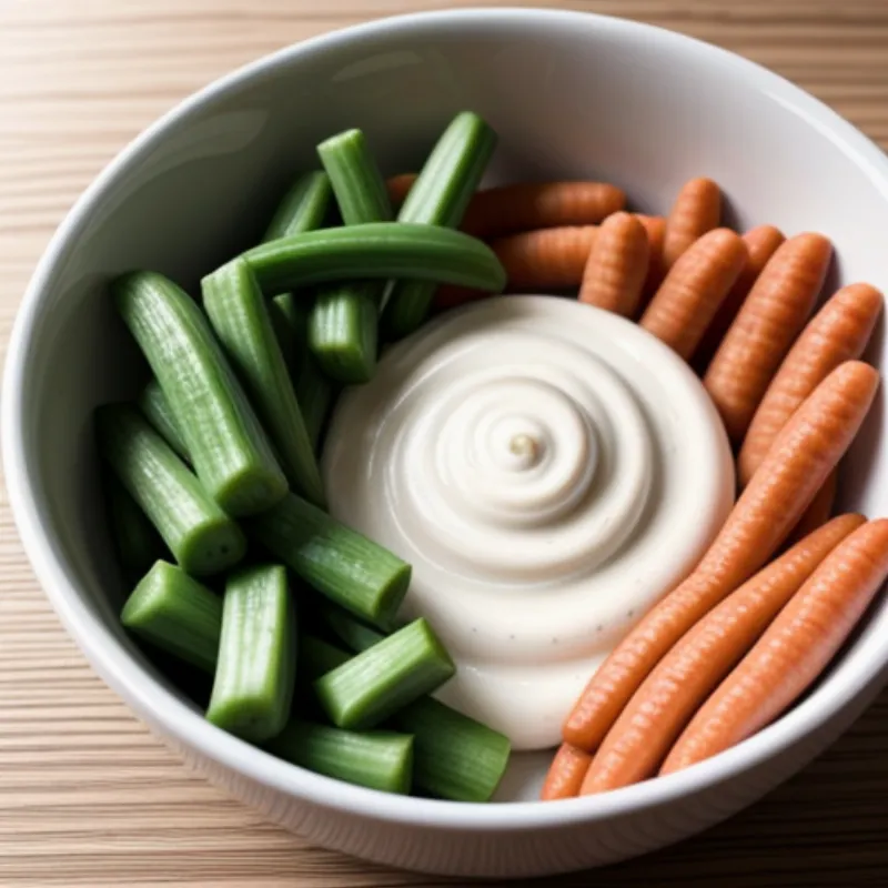Bowl of tarator sauce served with a variety of fresh vegetables