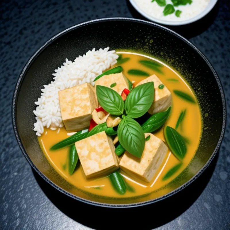 Tofu and Vegetable Green Curry Garnished with Basil