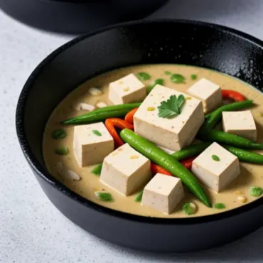 Tofu and Vegetable Green Curry Simmering in a Skillet