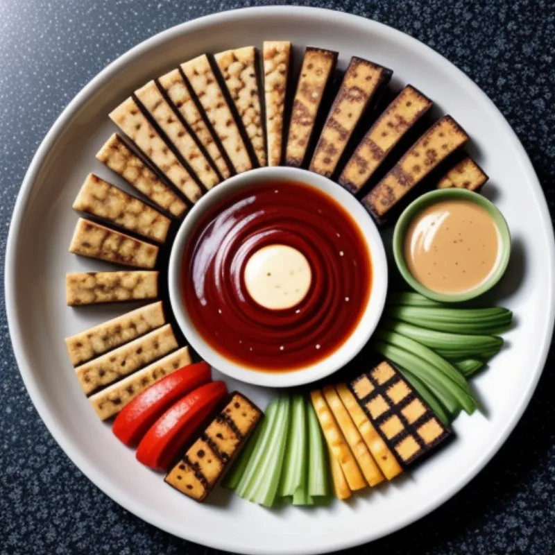 A platter of grilled tofu skewers with dipping sauces