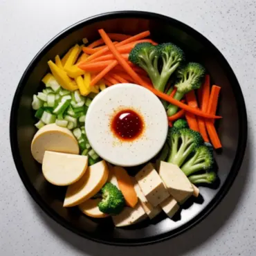 Tofu and colorful vegetables arranged on a wooden cutting board