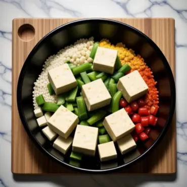 Colorful vegetables and tofu prepped for stir fry