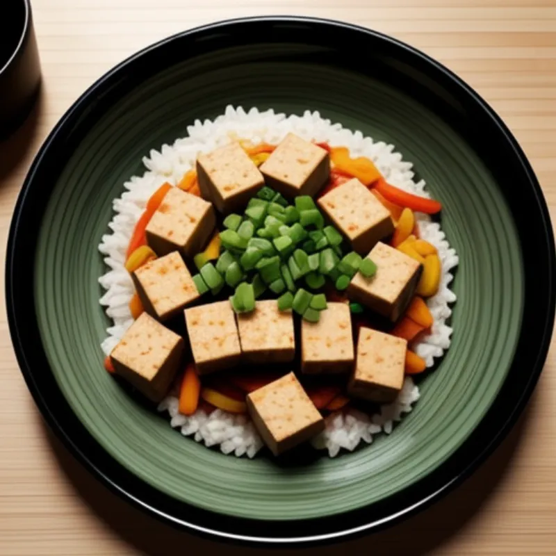 Tofu and vegetable stir-fry plated and ready to serve