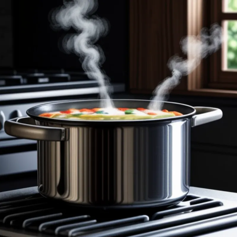 A pot of simmering vegetable soup on a stove