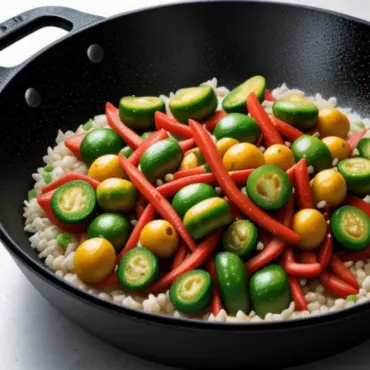 Colorful vegetables cooking in a wok