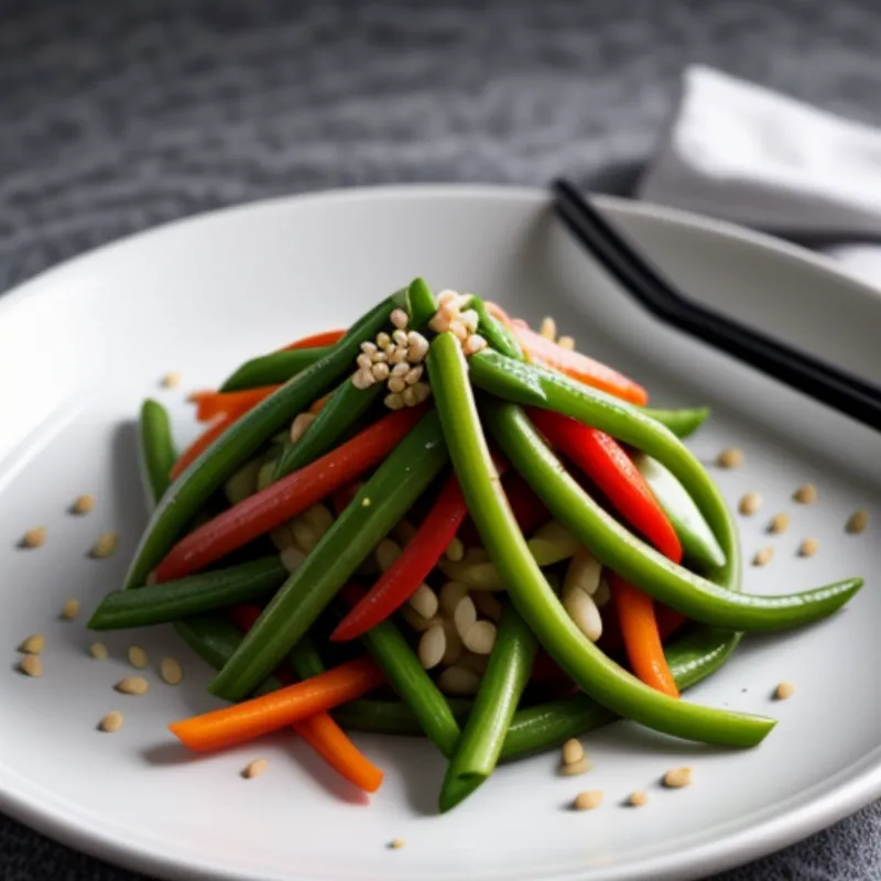 A plate of vibrant vegetable stir-fry, garnished with sesame seeds and green onions