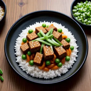 A steaming plate of colorful vegetable tempeh stir-fry
