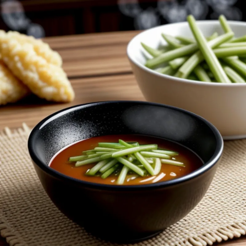 A small bowl of flavorful tempura dipping sauce.