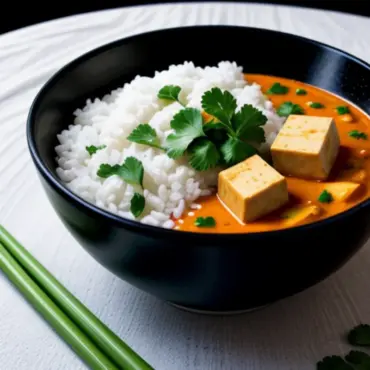 Steaming bowl of vegetable and tofu coconut curry