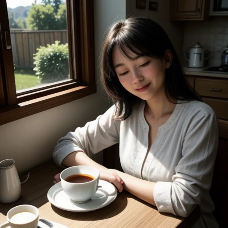 A woman smiles while enjoying tea and a freshly baked tea cake in a sunlit kitchen